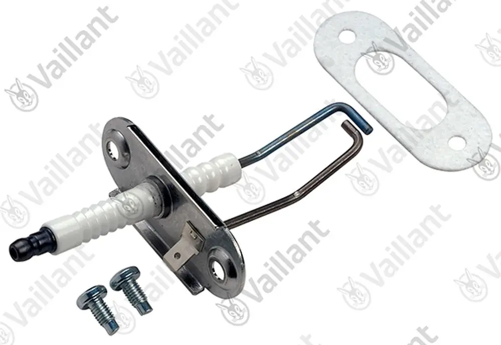 Vaillant Elektrode zur Zündung und Überwachung, ausgestattet mit einer Halterung und zwei Schrauben zur Befestigung, dargestellt auf neutralem Hintergrund.